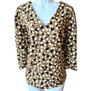 Melloday Vneck Brown Blouse Spotted Black White 3/4 sleeve Size Large